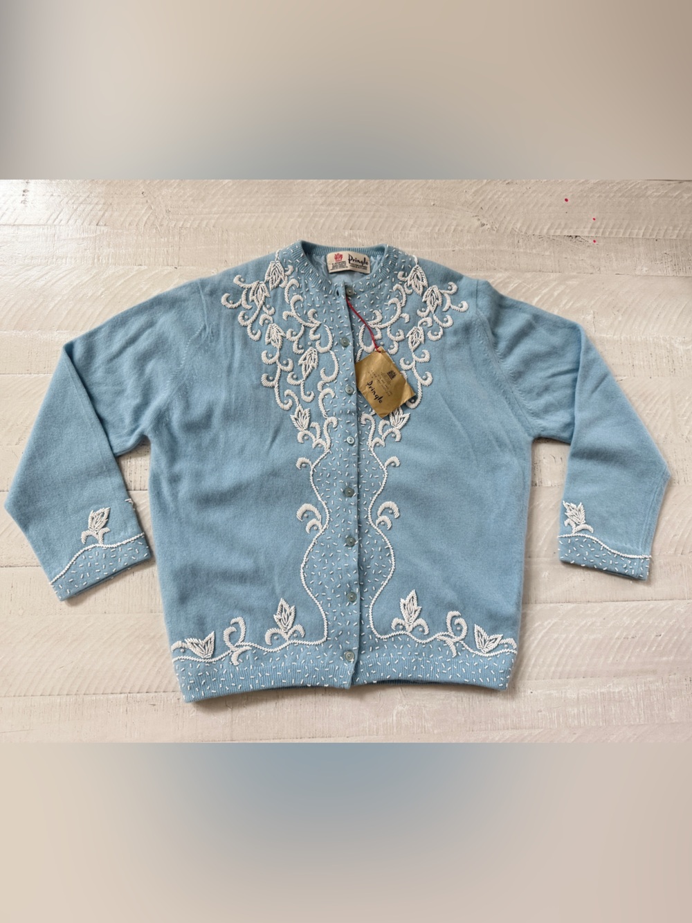 Vintage 60’s Deadstock Pringle Made in Scotland Cashmere Embroidered Cardigan